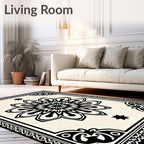 Intricate Black Floral Starburst Motif Rug