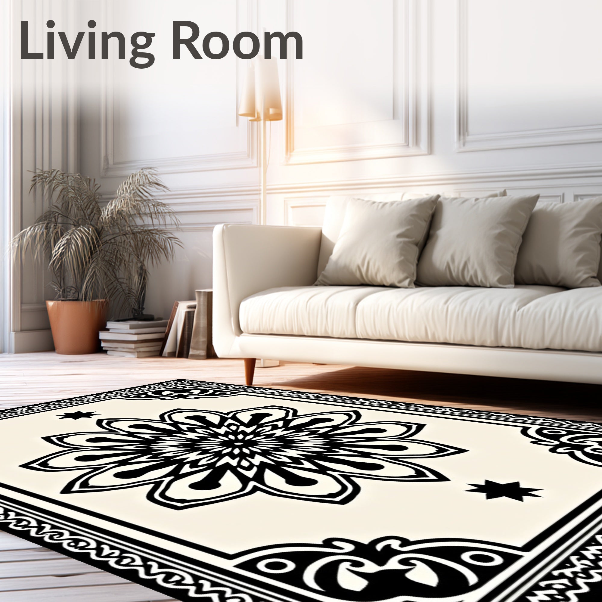 Intricate Black Floral Starburst Motif Rug