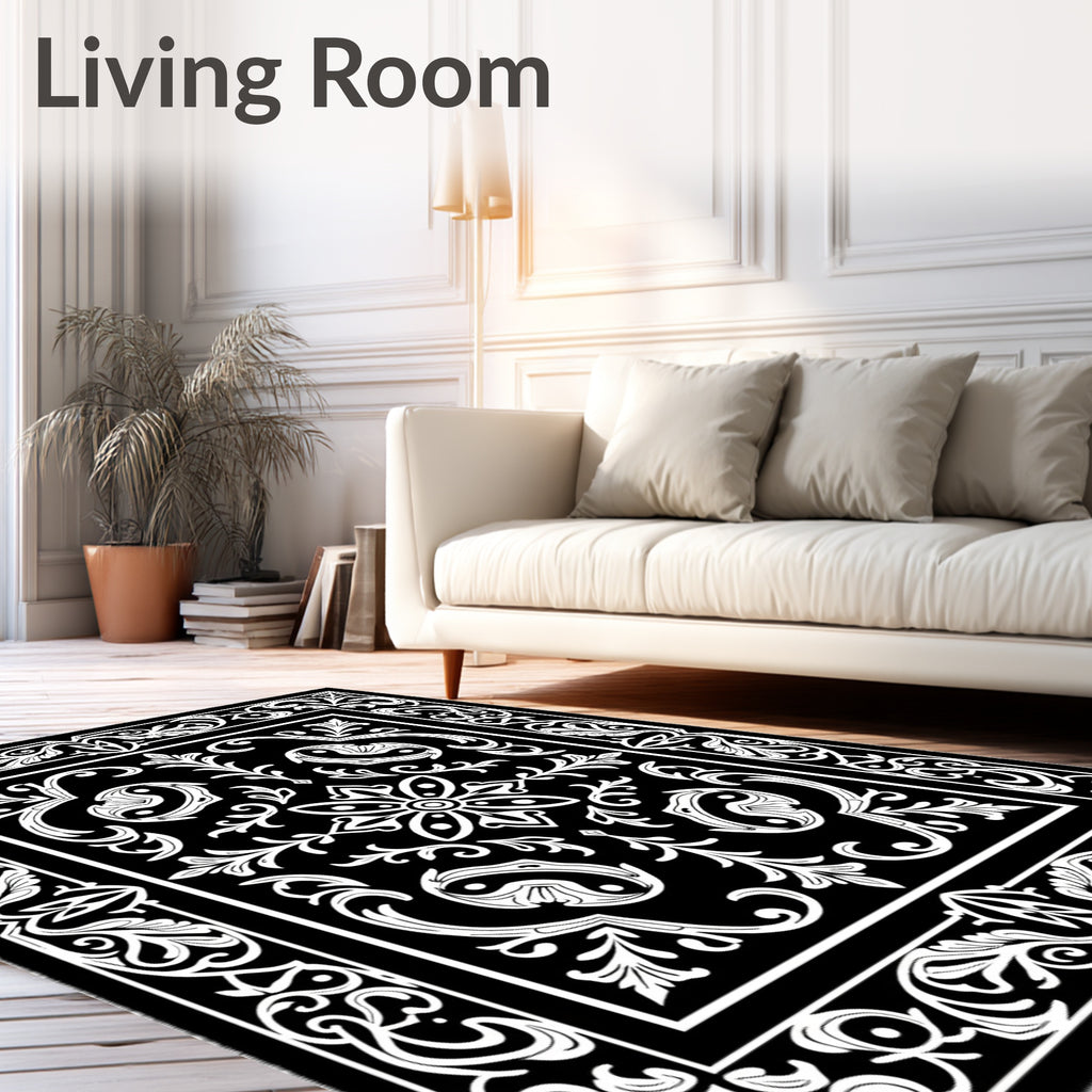 Classic Black White Floral Scroll Rug