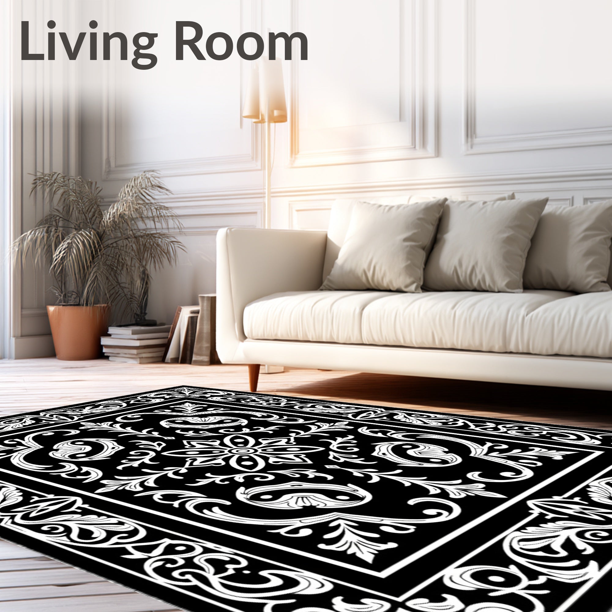 Classic Black White Floral Scroll Rug