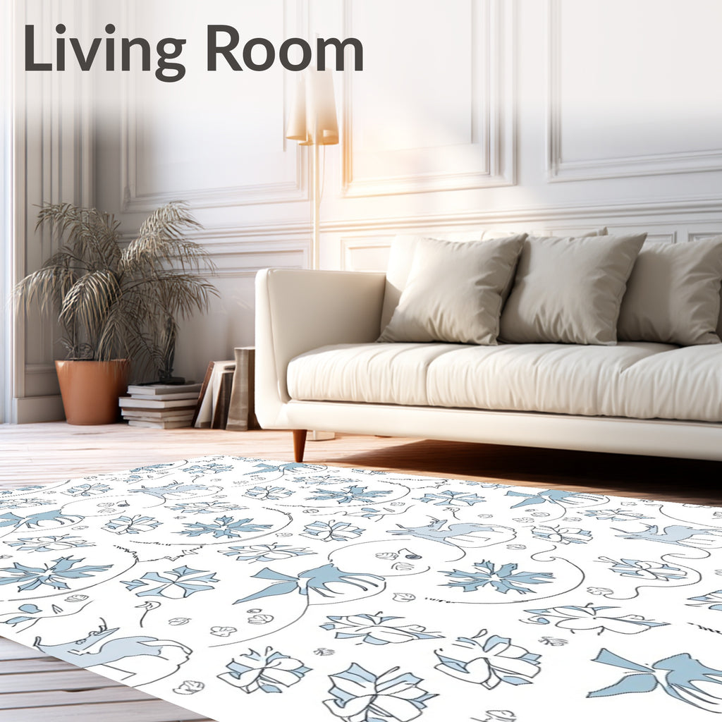 Whimsical Light Blue Deer Floral Rug