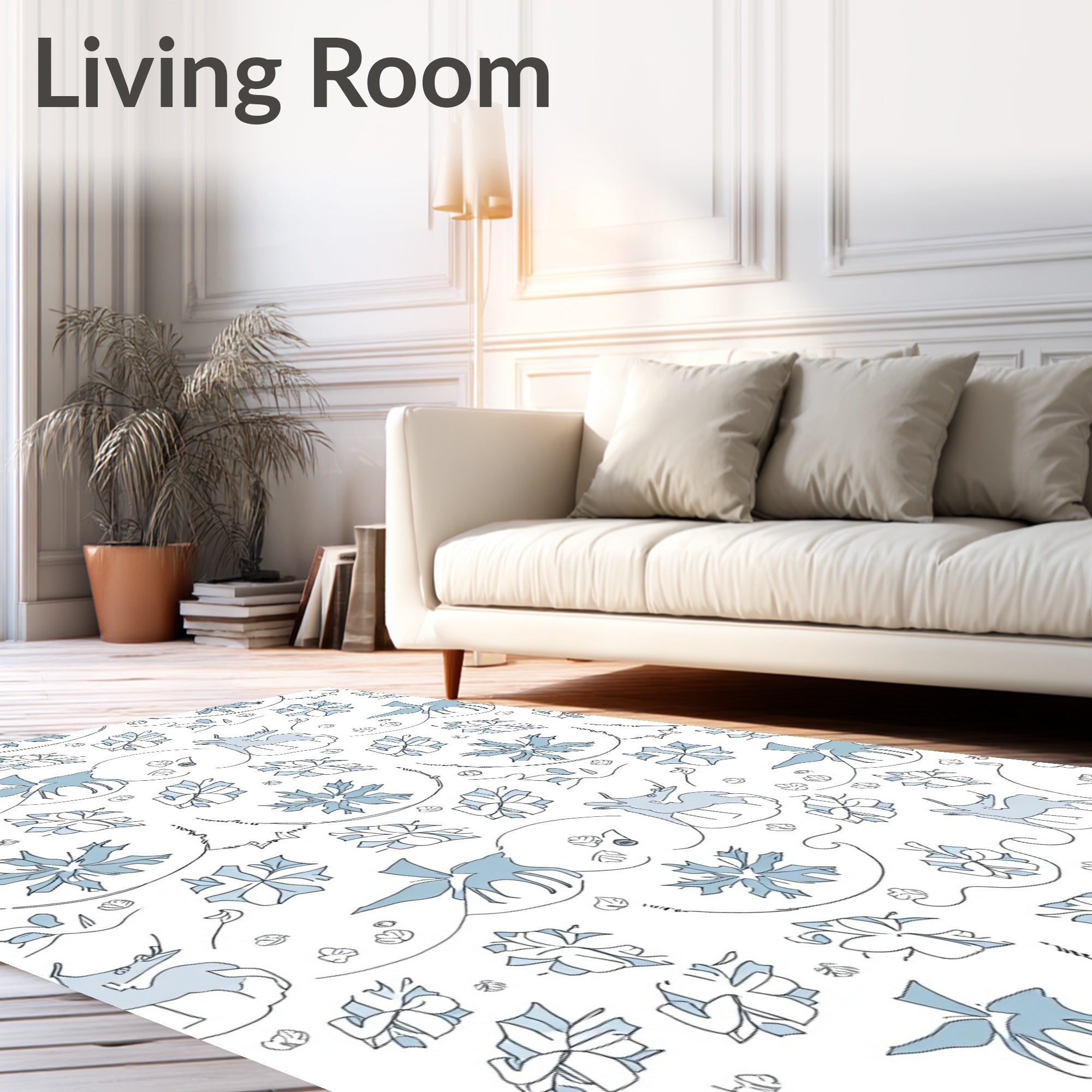 Whimsical Light Blue Deer Floral Rug