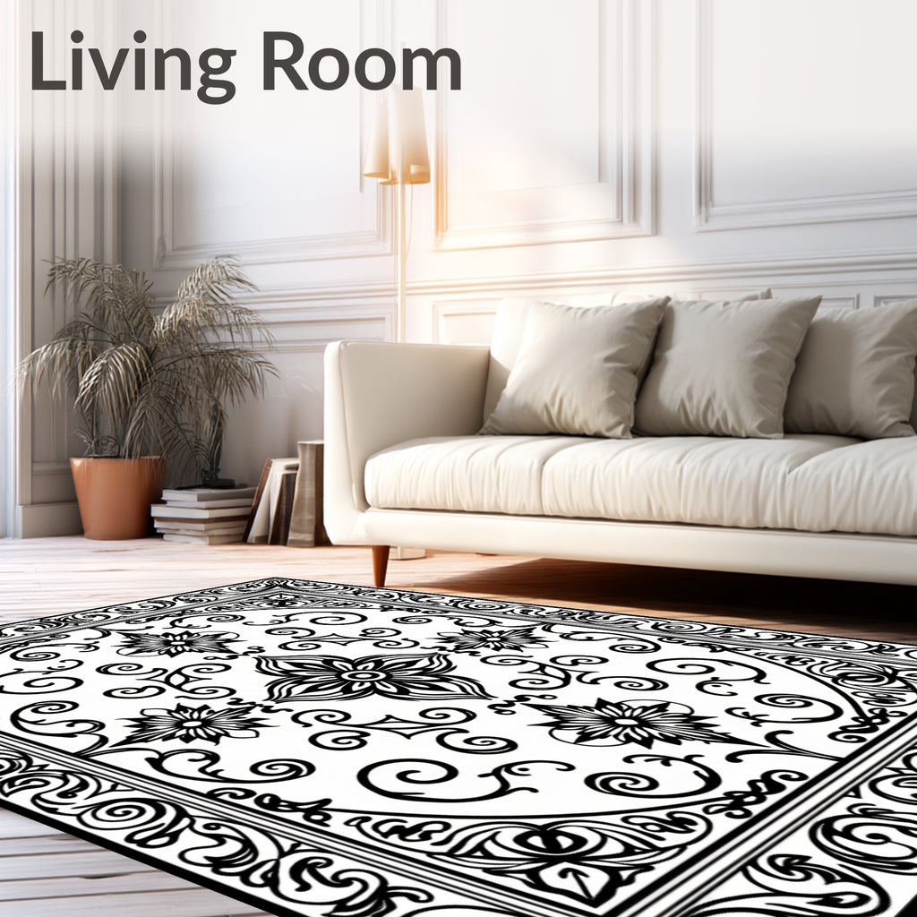 Intricate Floral Scrollwork Black White Design Rug