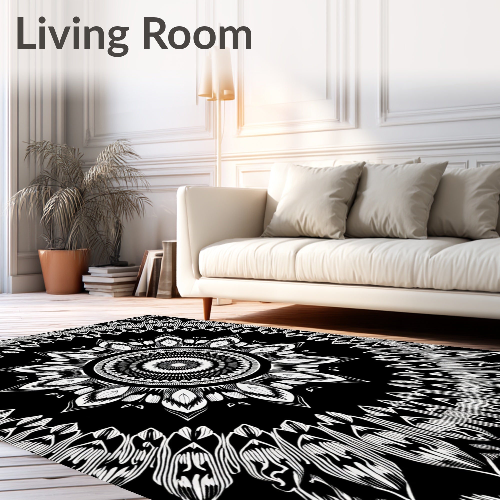 Intricate Black White Mandala Design Rug