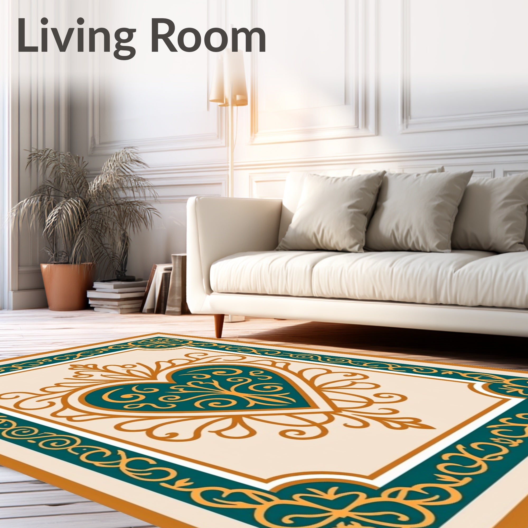 Teal Gold Heart Filigree Border Rug