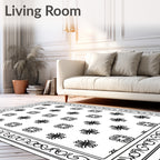 Intricate Black Floral Motif Bordered Rug