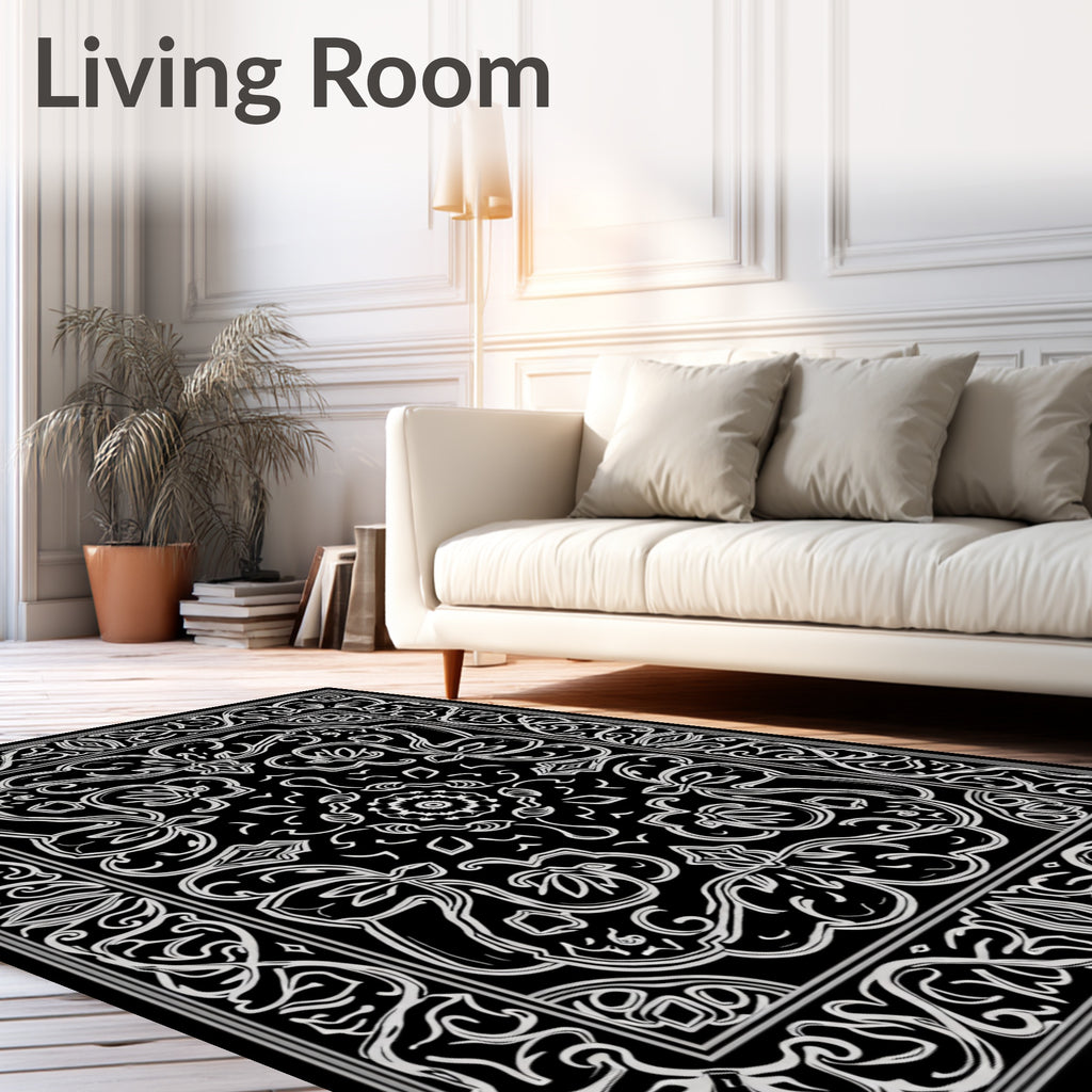Elegant Black White Floral Patterned Rug