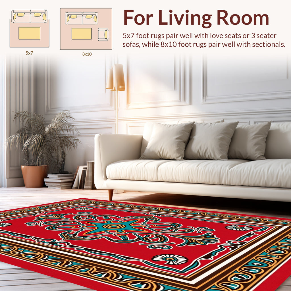 Red Floral Star Bordered Decorative Rug