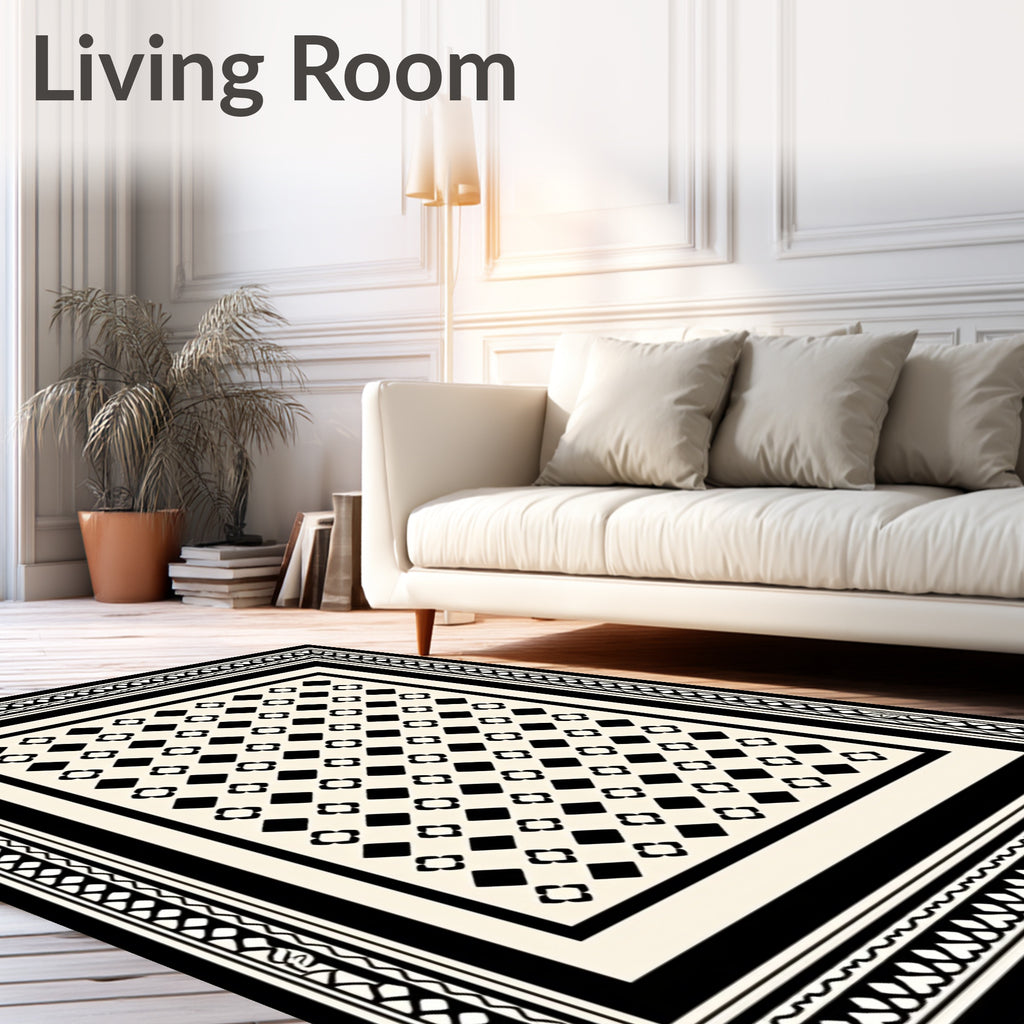 Classic Black And Cream Geometric Pattern Rug
