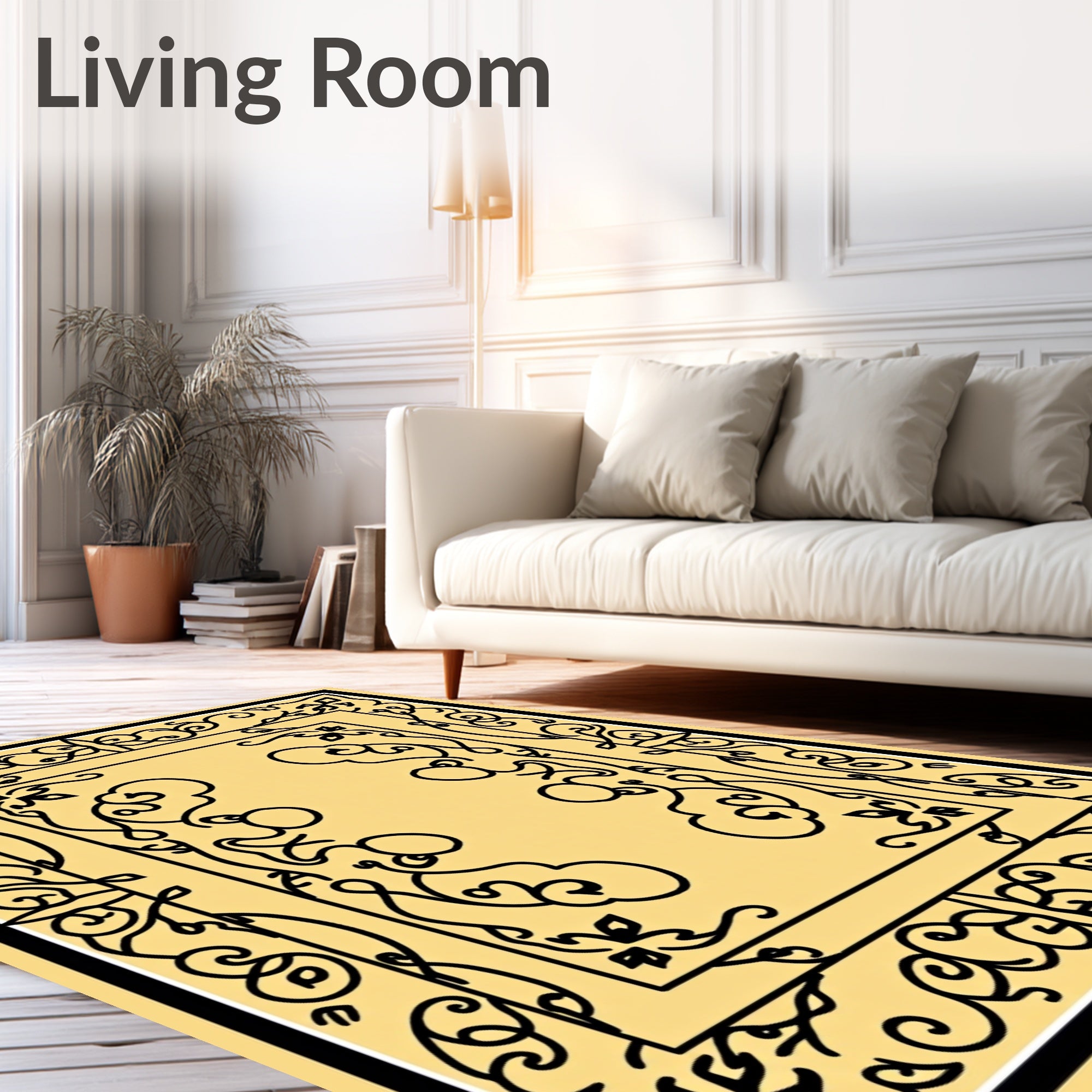 Ornate Black Cream Floral Design Rug