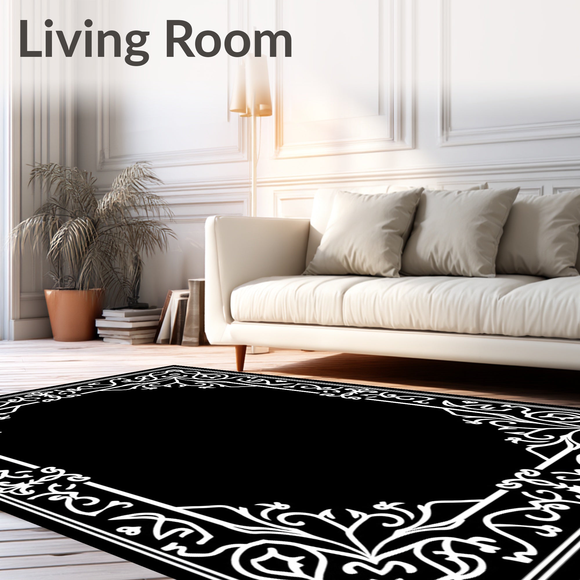 White Classic Floral Scrollwork Border Rug
