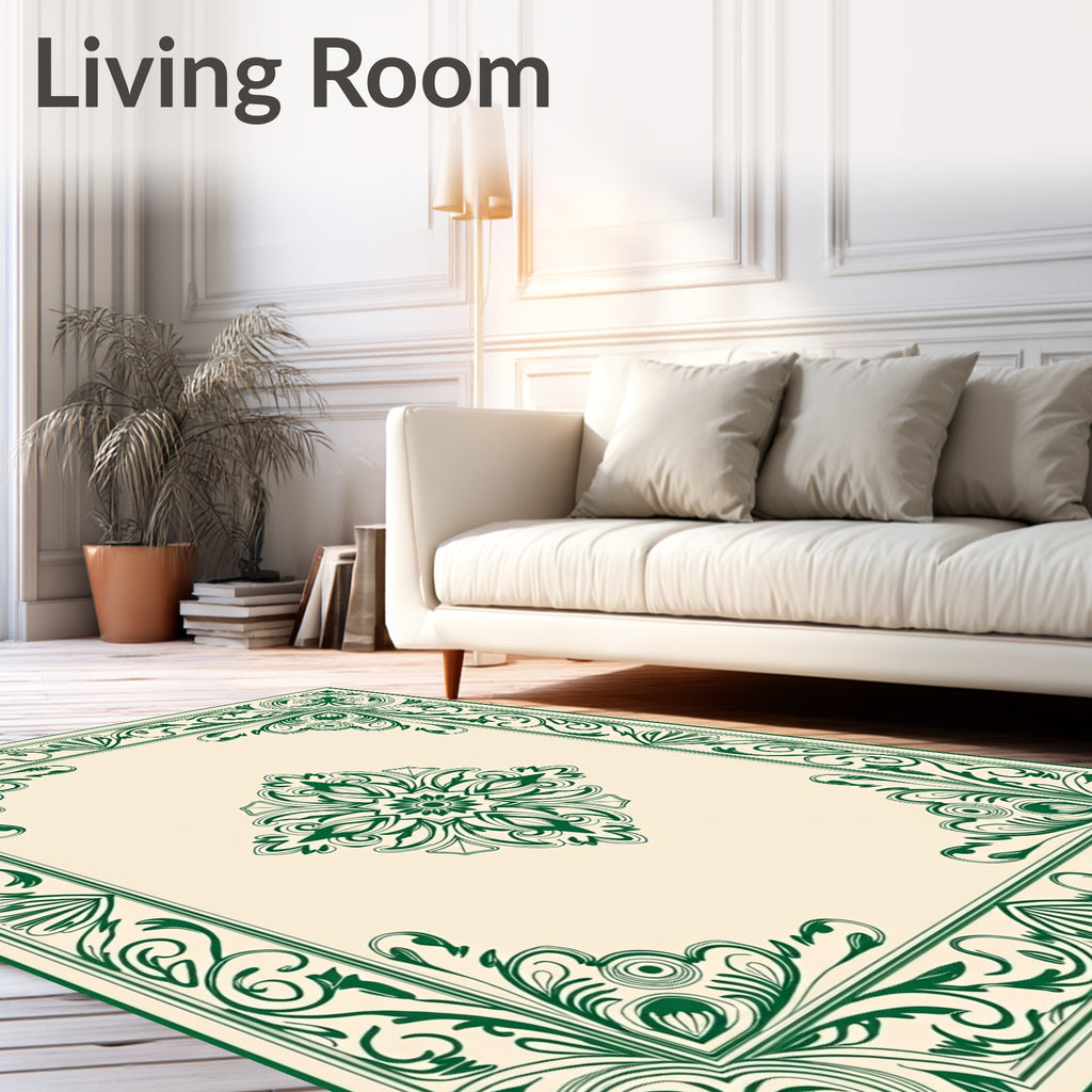 Elegant Green Scrollwork Damask Pattern Rug