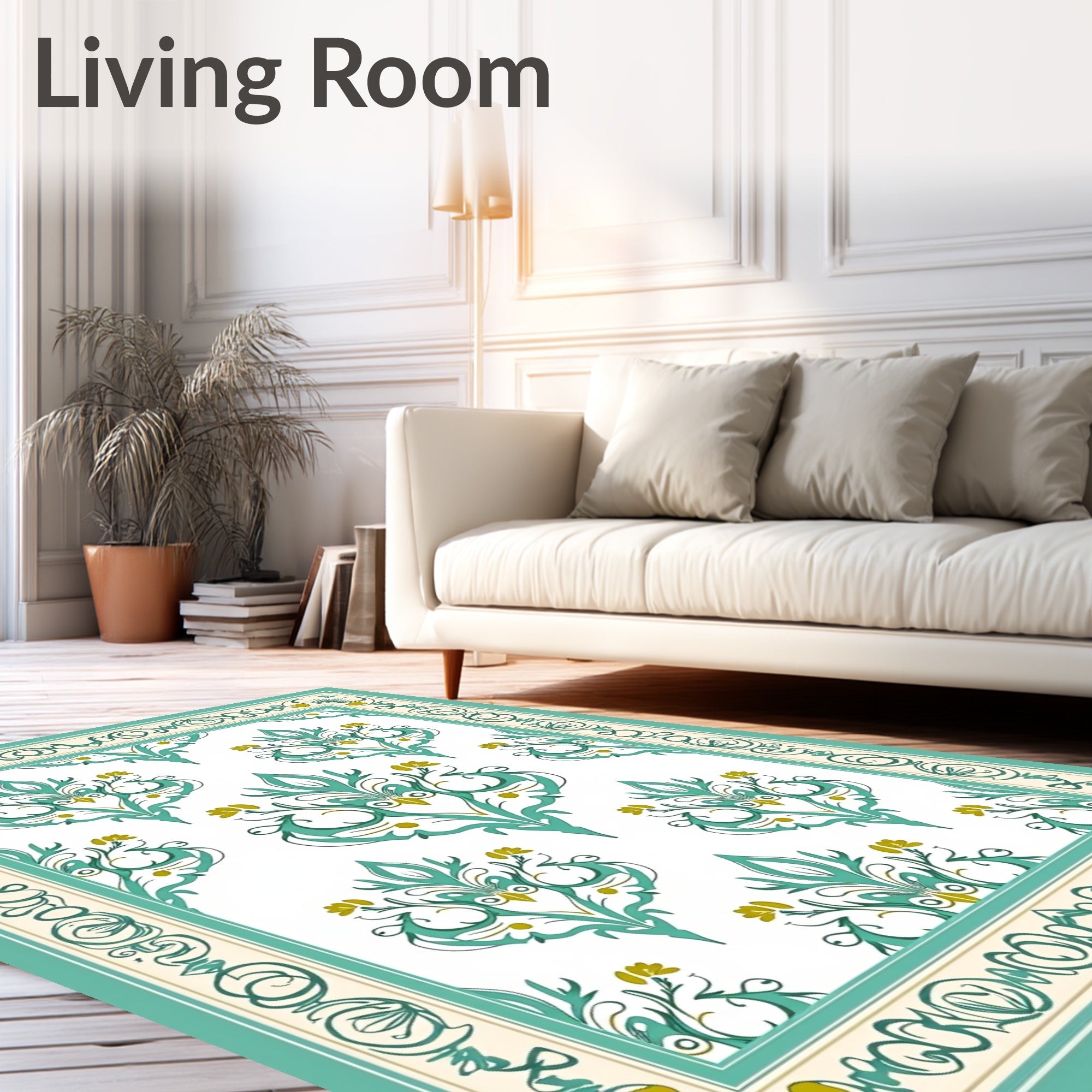 Elegant Teal Floral Scroll Border Rug