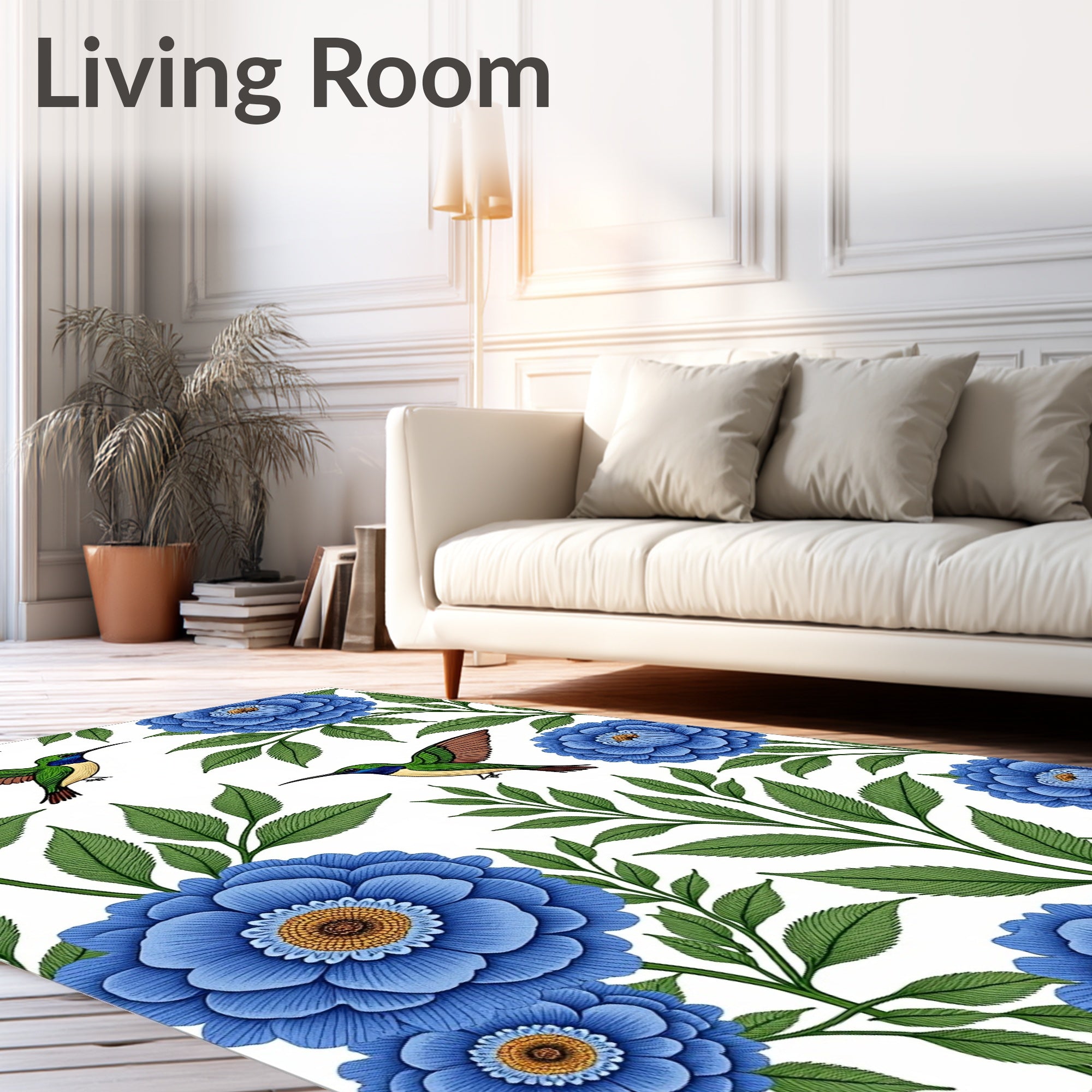 Blue Floral Hummingbird Pattern Rug