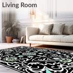 Black White Mint Floral Scroll Pattern Rug