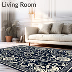 Classic Cream Navy Floral Pattern Rug