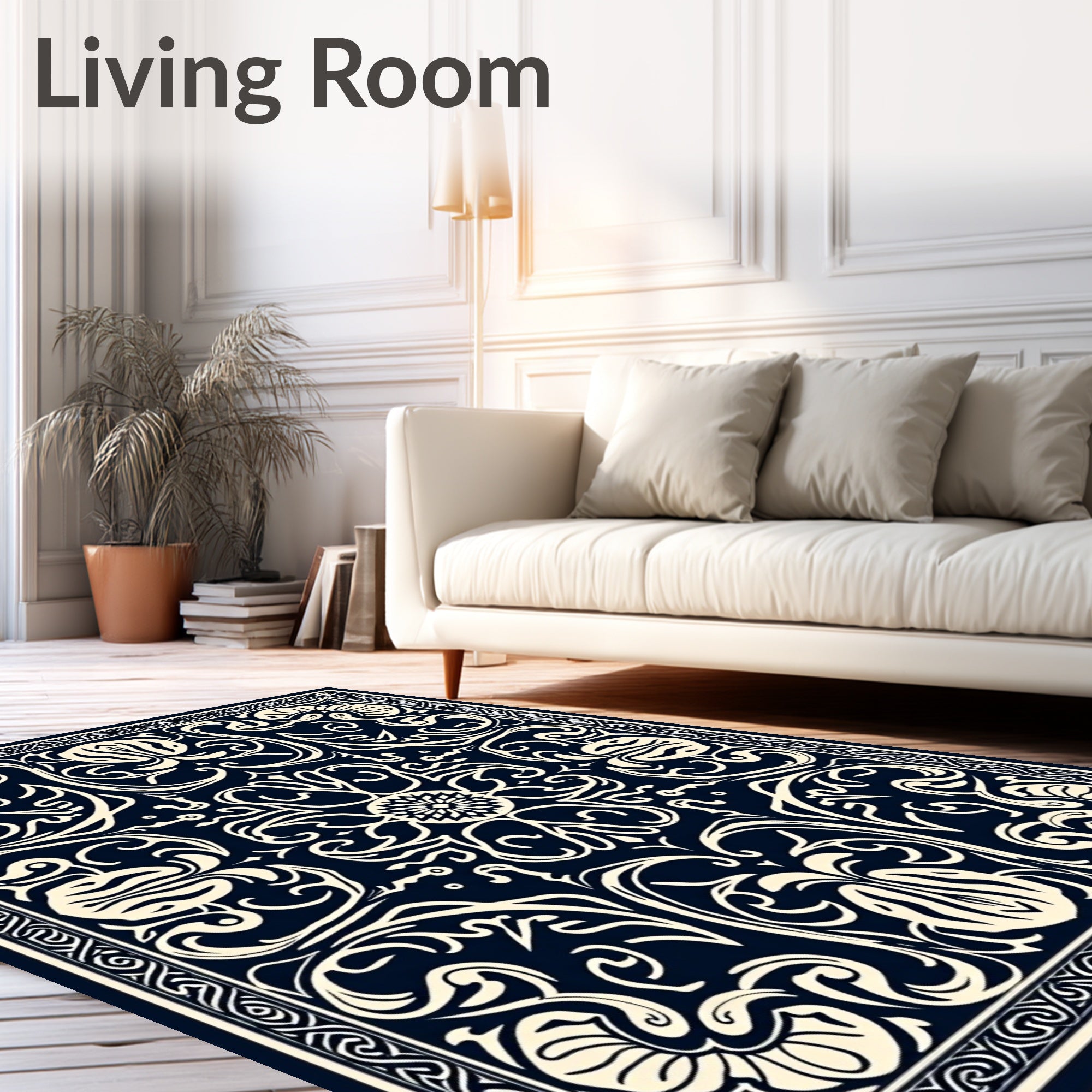 Classic Cream Navy Floral Pattern Rug