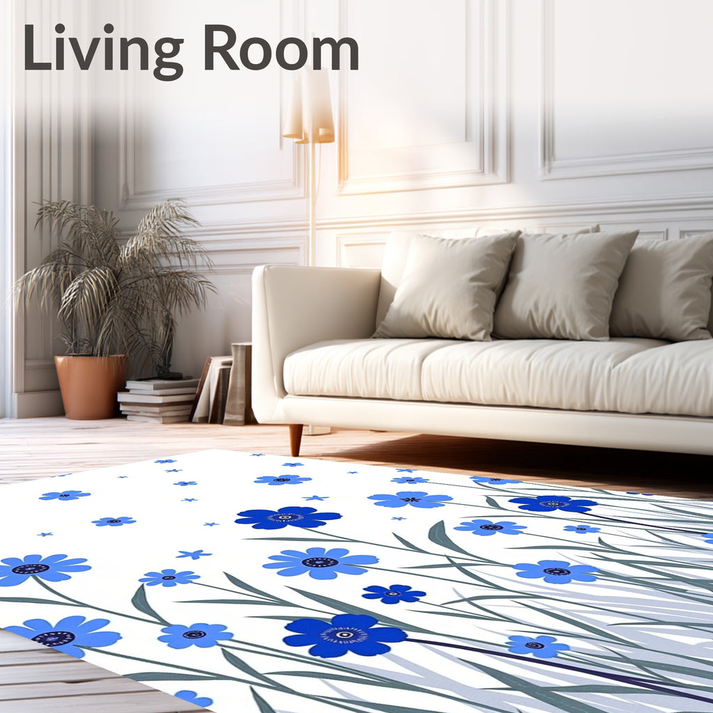 Blue Floral Meadow Pattern Design Rug