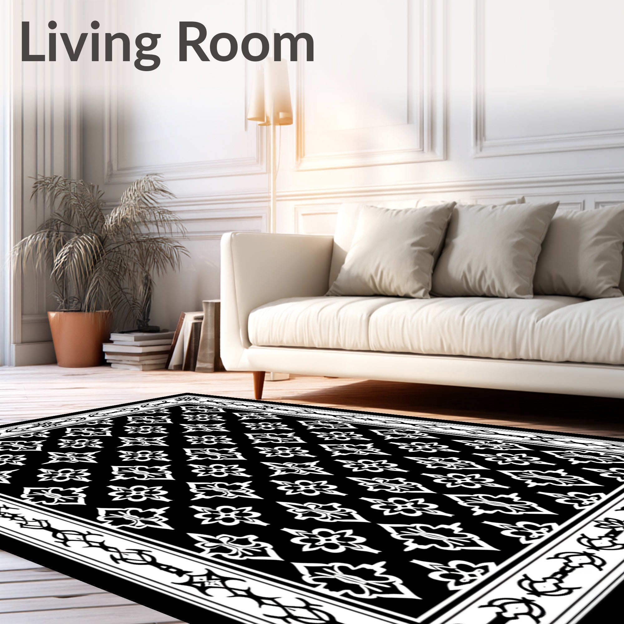 Classic Black White Floral Tile Rug