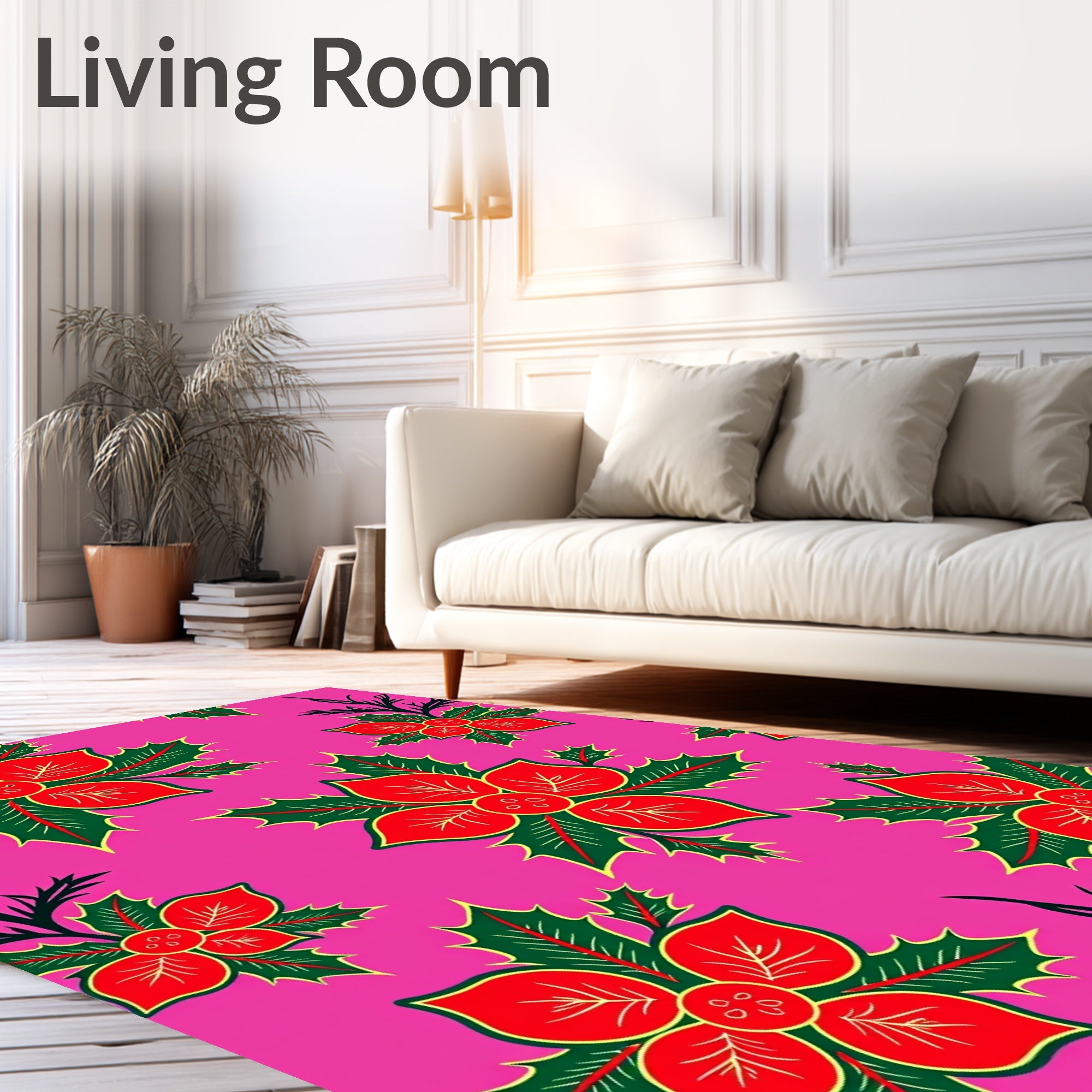 Vibrant Red Holly Poinsettia Garland Rug