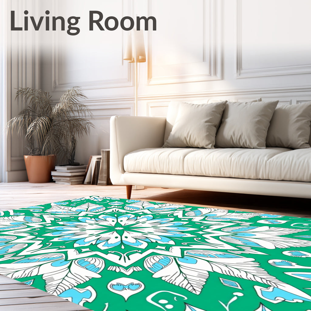 Green White Blue Mandala Pattern Rug