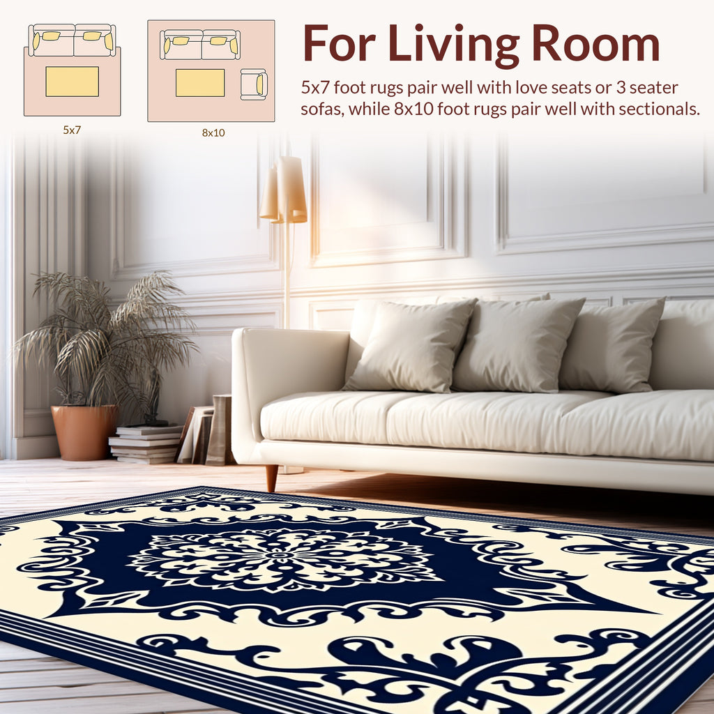 Classic Navy Cream Mandala Motif Rug