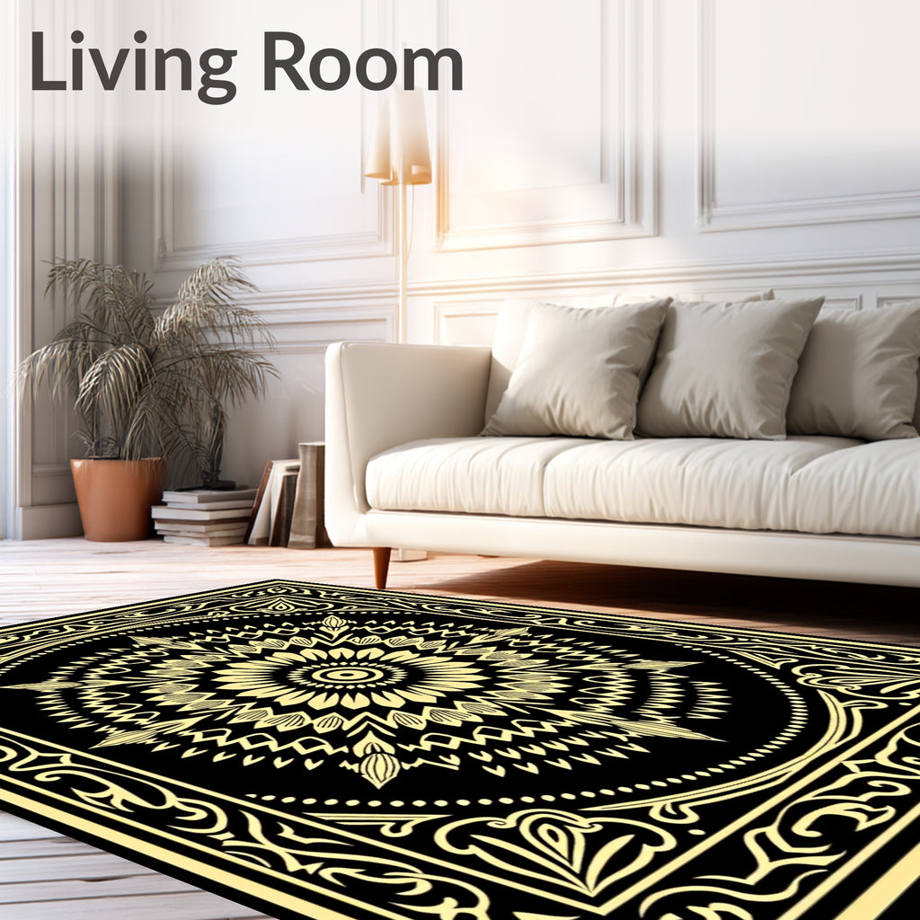 Black Gold Floral Mandala Frame Rug