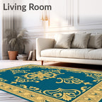 Ornate Golden Teal Scrollwork Rug
