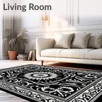 Ornate Floral Sunburst Black White Rug