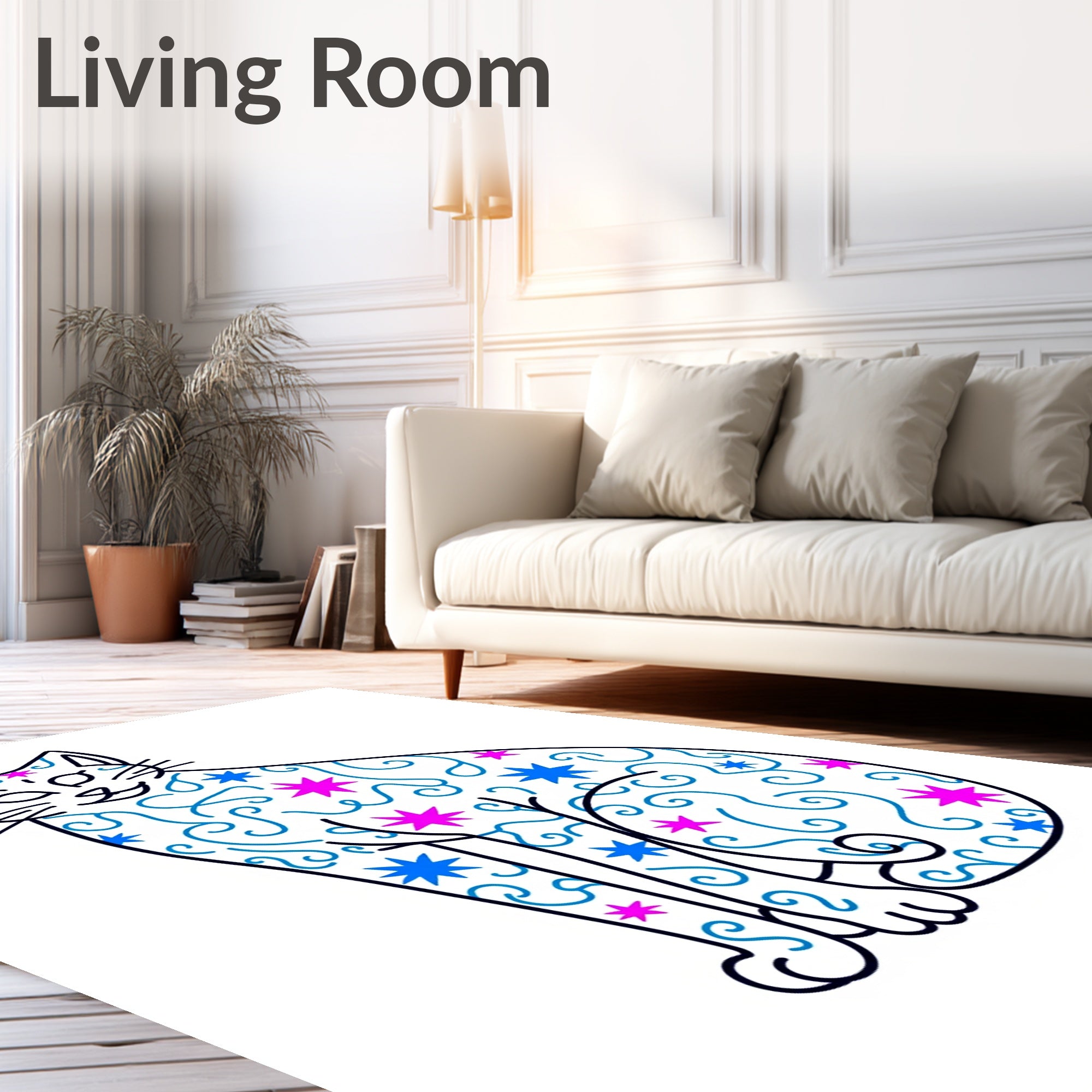 Whimsical Star Cat With Swirls Pattern Rug