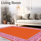 Pink Swirl Bordered Orange Print Rug