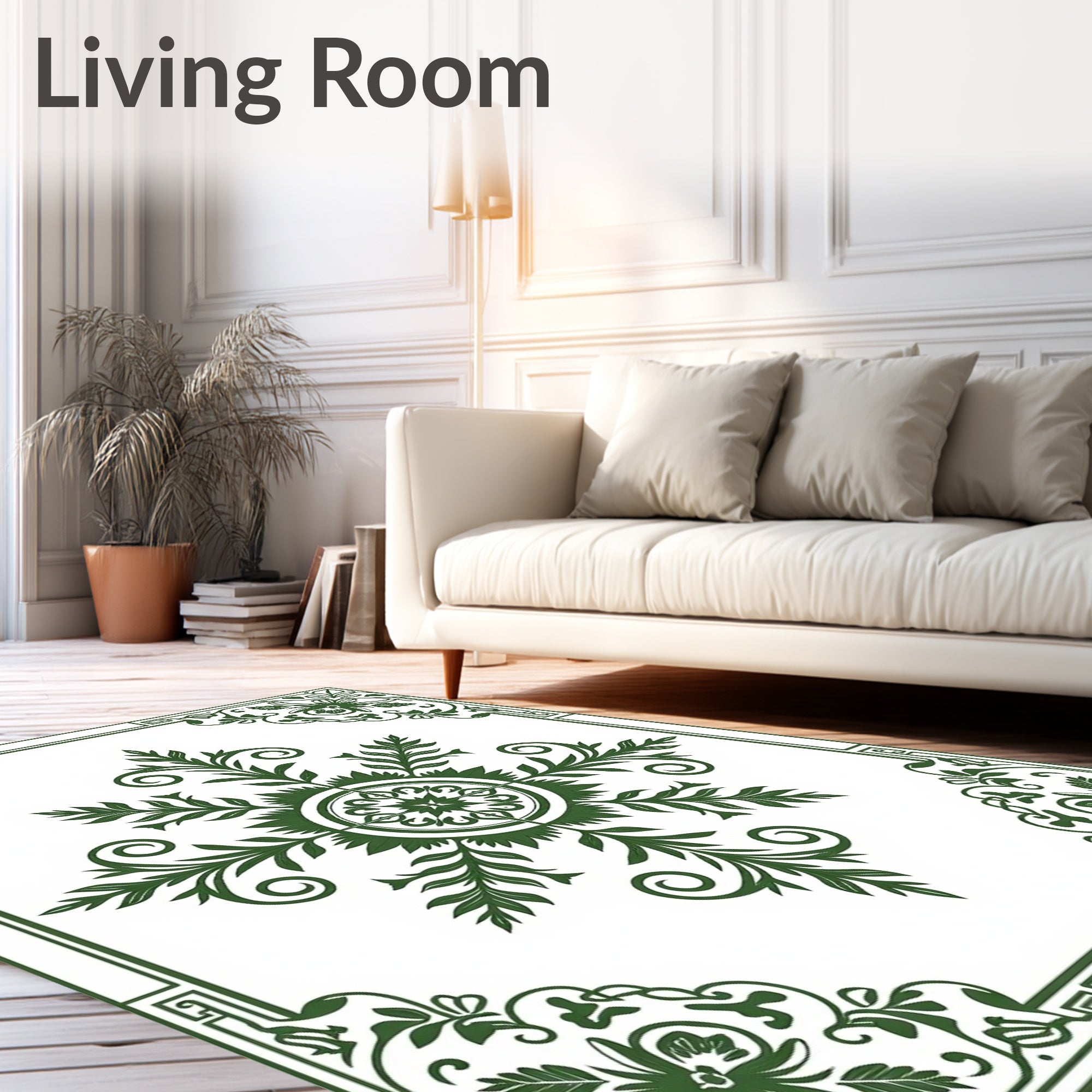 Elegant Green Floral Scroll Pattern Rug