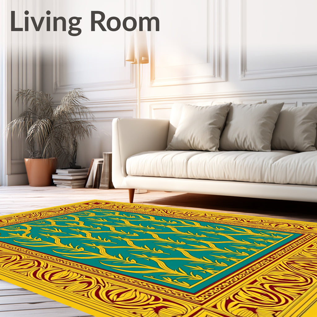 Golden Teal Floral Art Deco Rug