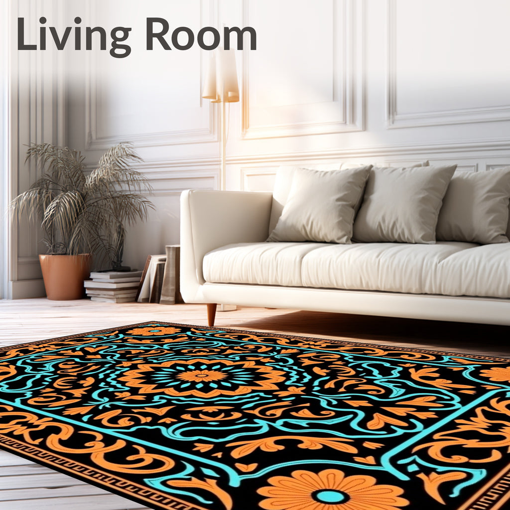 Orange Blue Floral Medallion Pattern Rug