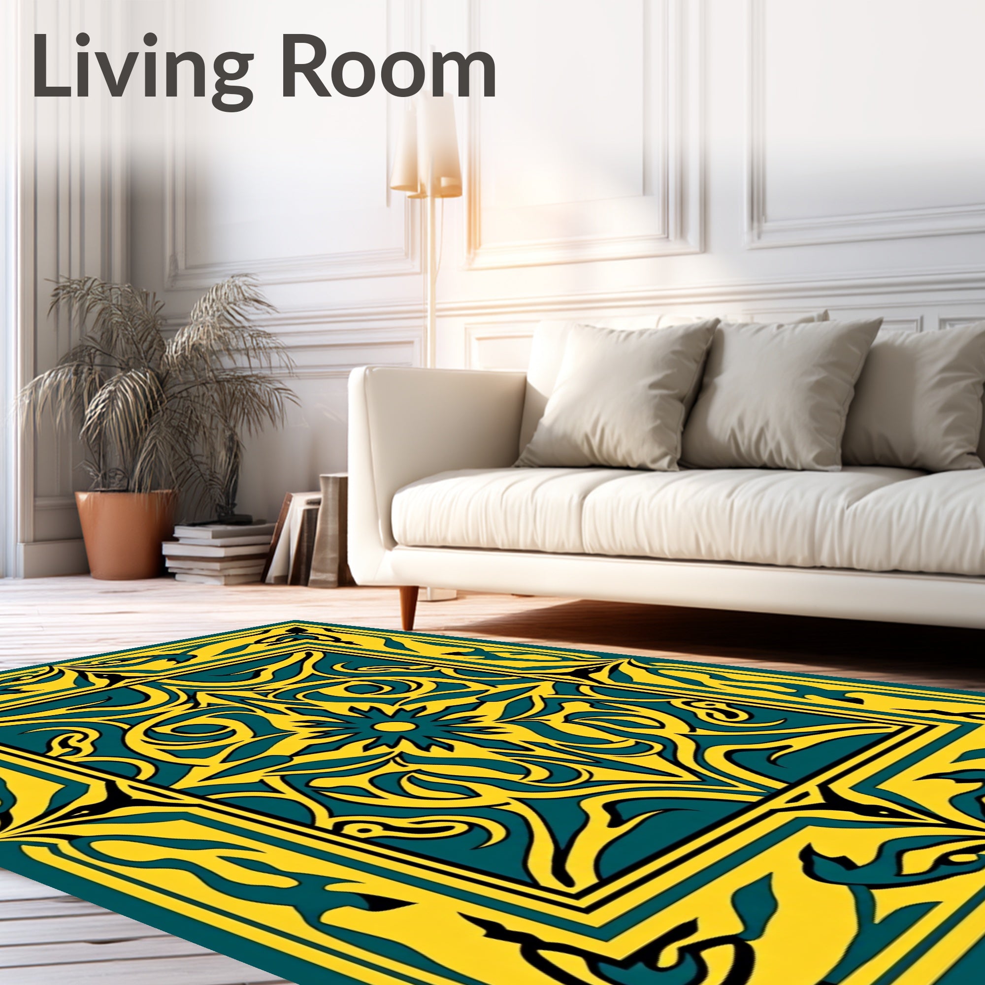 Bold Teal Yellow Floral Motif Rug