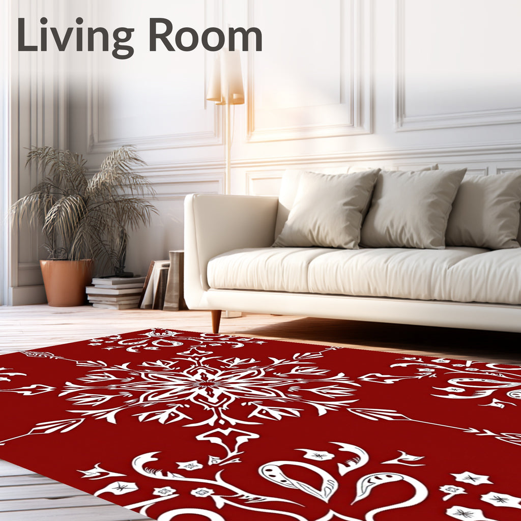 Ornate White Floral Scroll Red Area Rug