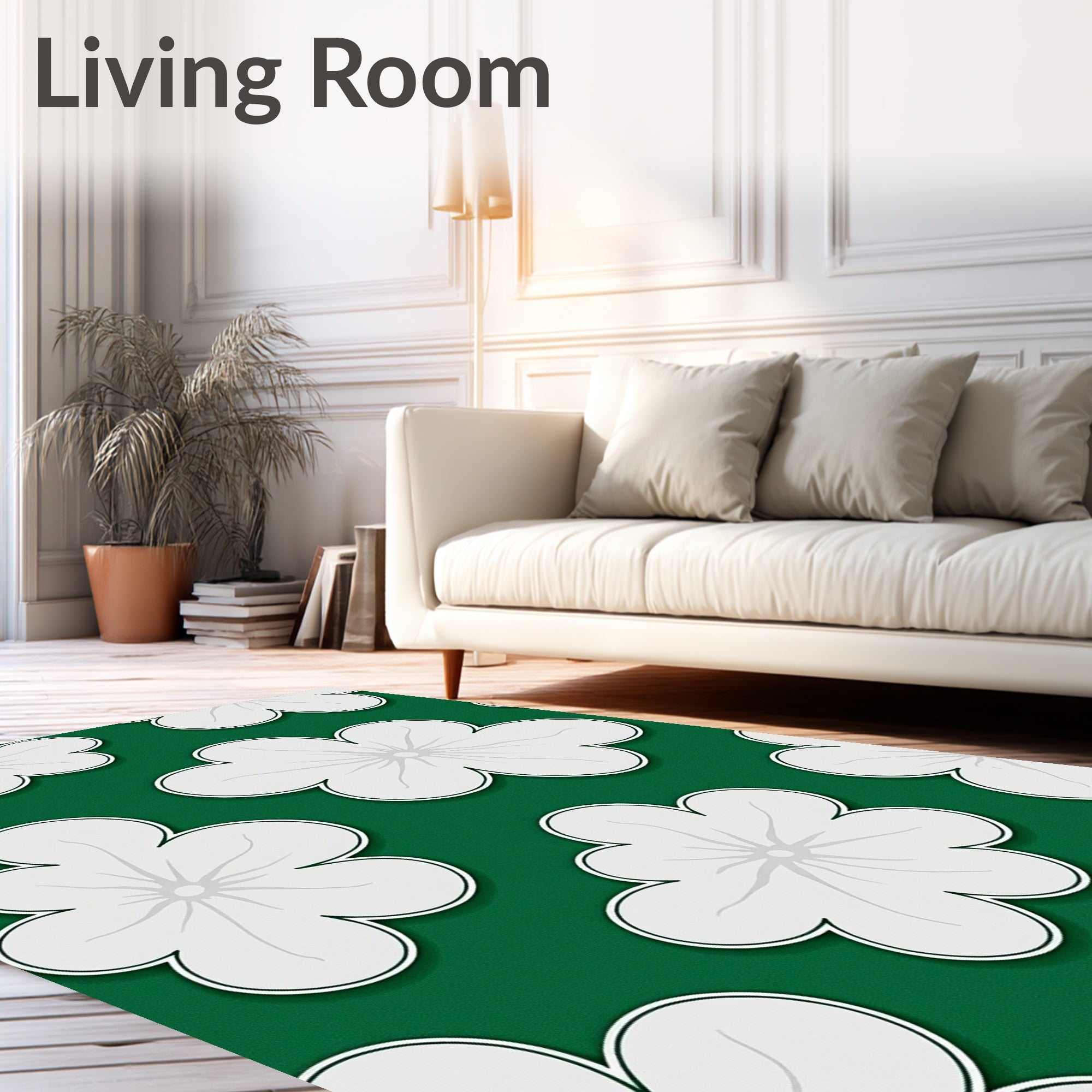 Green White Floral Pattern Rug