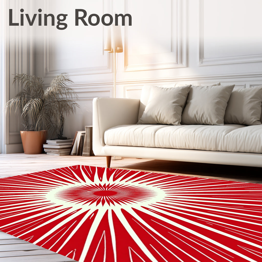 Radiating Sunburst Red Abstract Design Rug