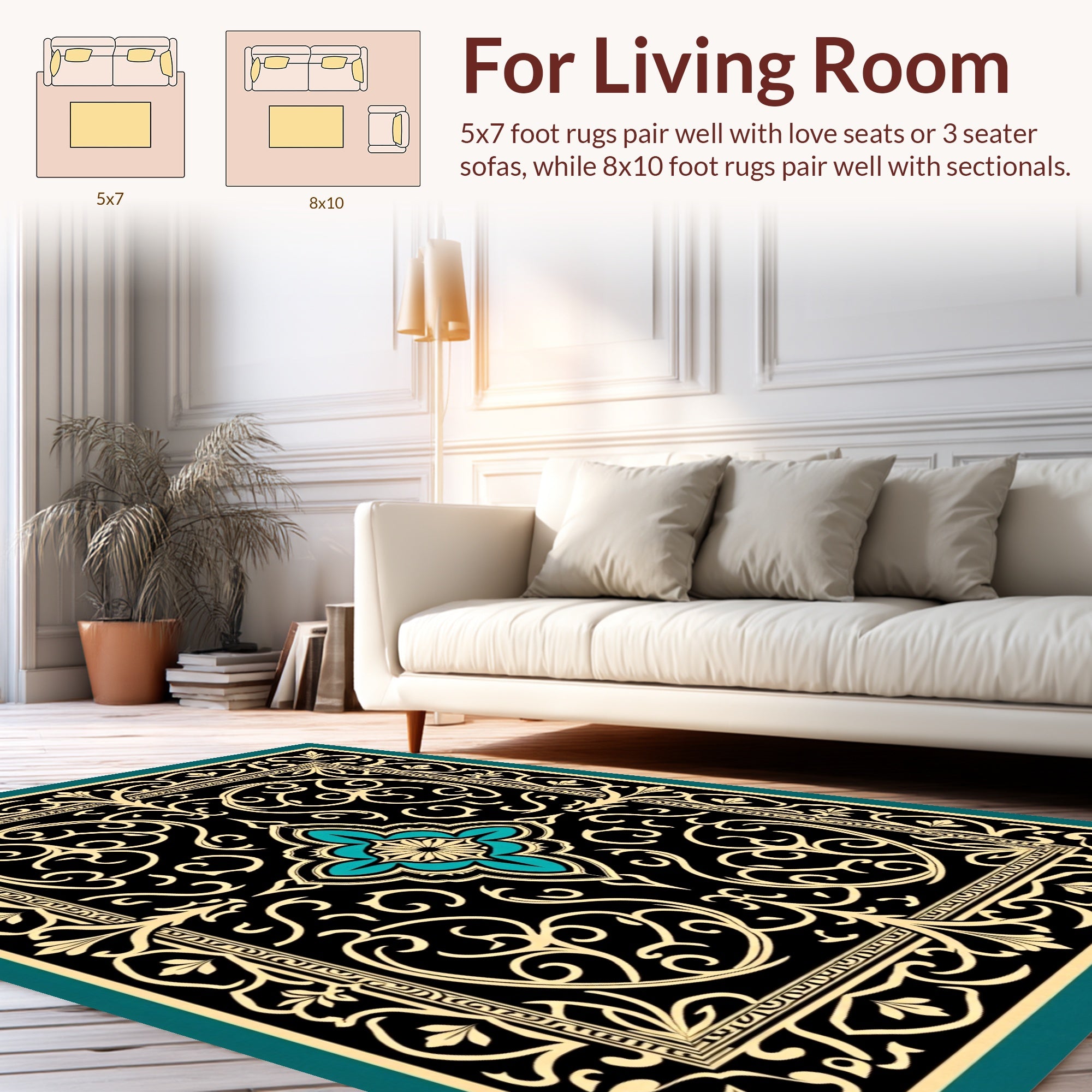 Ornate Black Gold Floral Scrollwork Rug