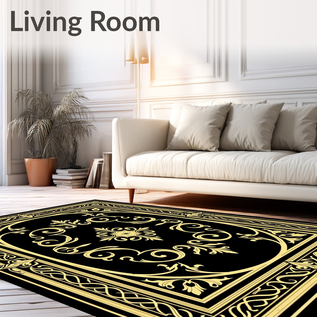 Elaborate Black Gold Floral Scroll Rug