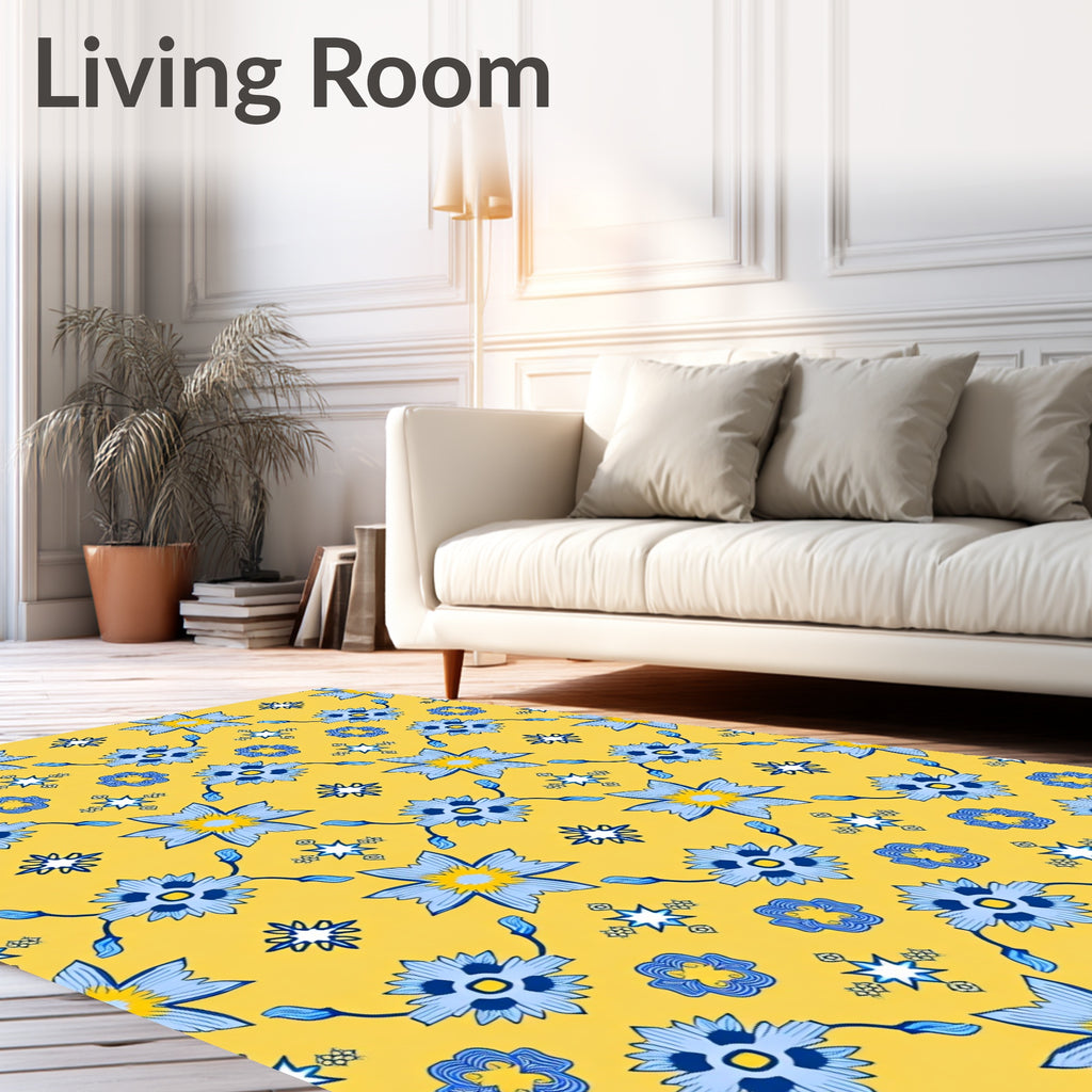 Blue Floral Pattern Yellow Background Rug