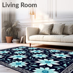 Navy Blue Floral Damask Pattern Rug