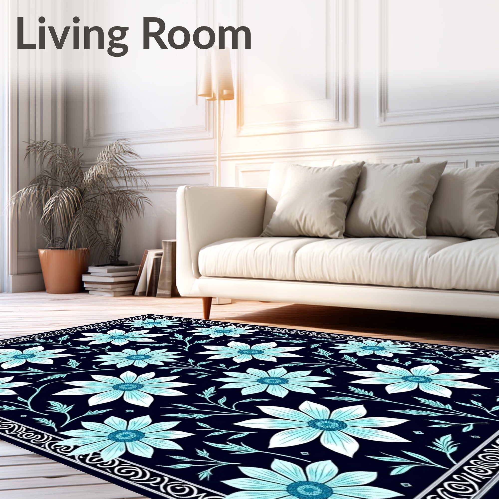 Navy Blue Floral Damask Pattern Rug