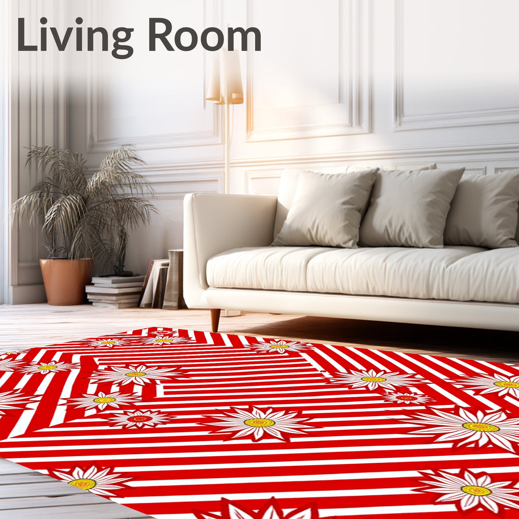 Red White Stripe Daisy Pattern Rug