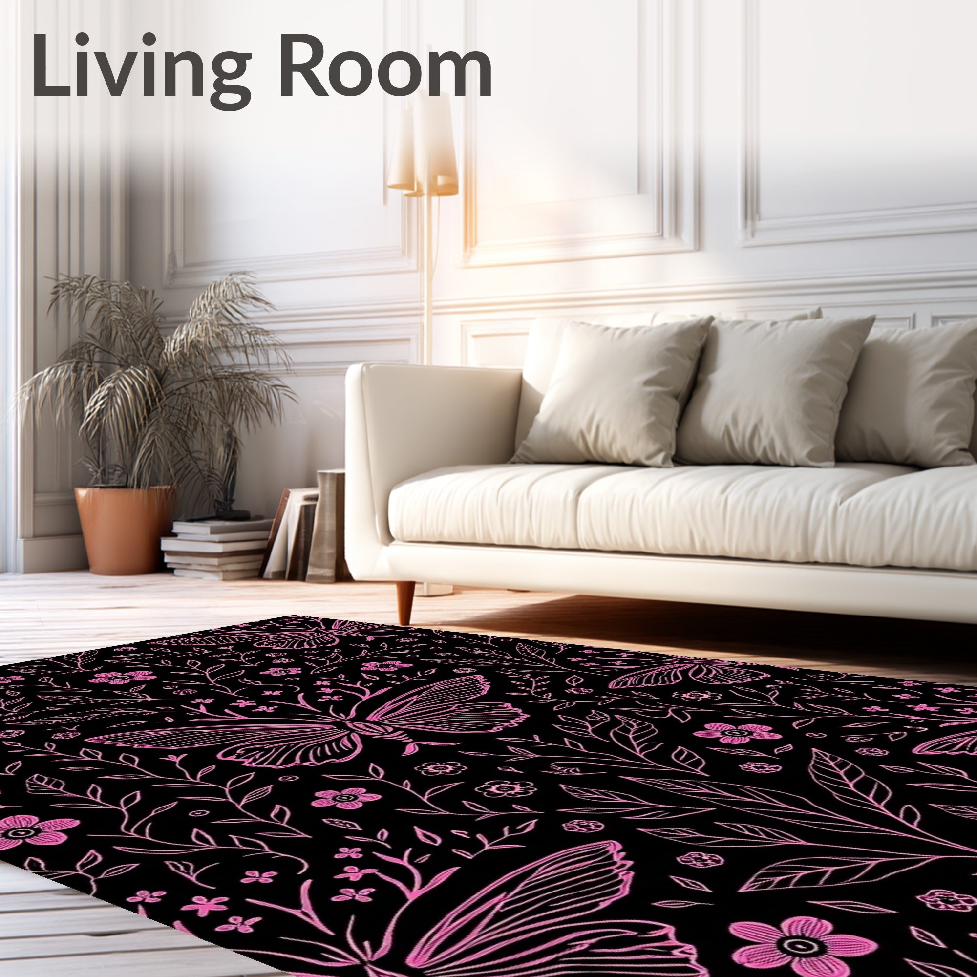 Pink Butterfly Floral Vines Rug