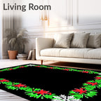 Crimson Red Green Floral Snowflake Border Rug