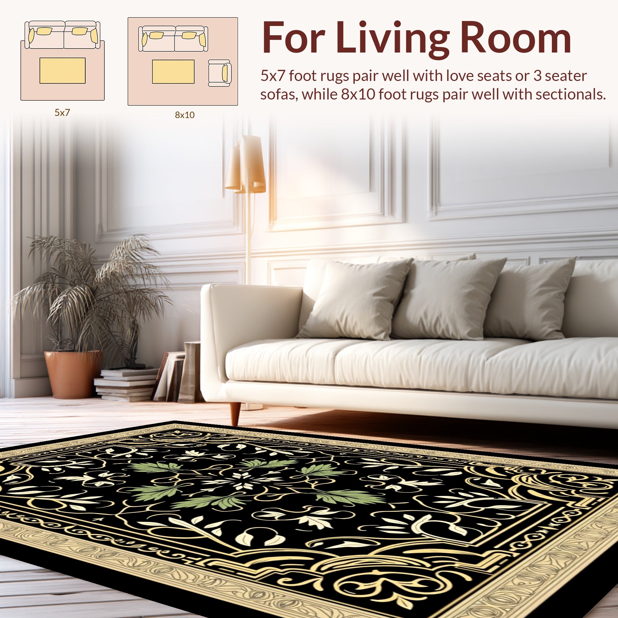 Ornate Black Gold Floral Pattern Rug