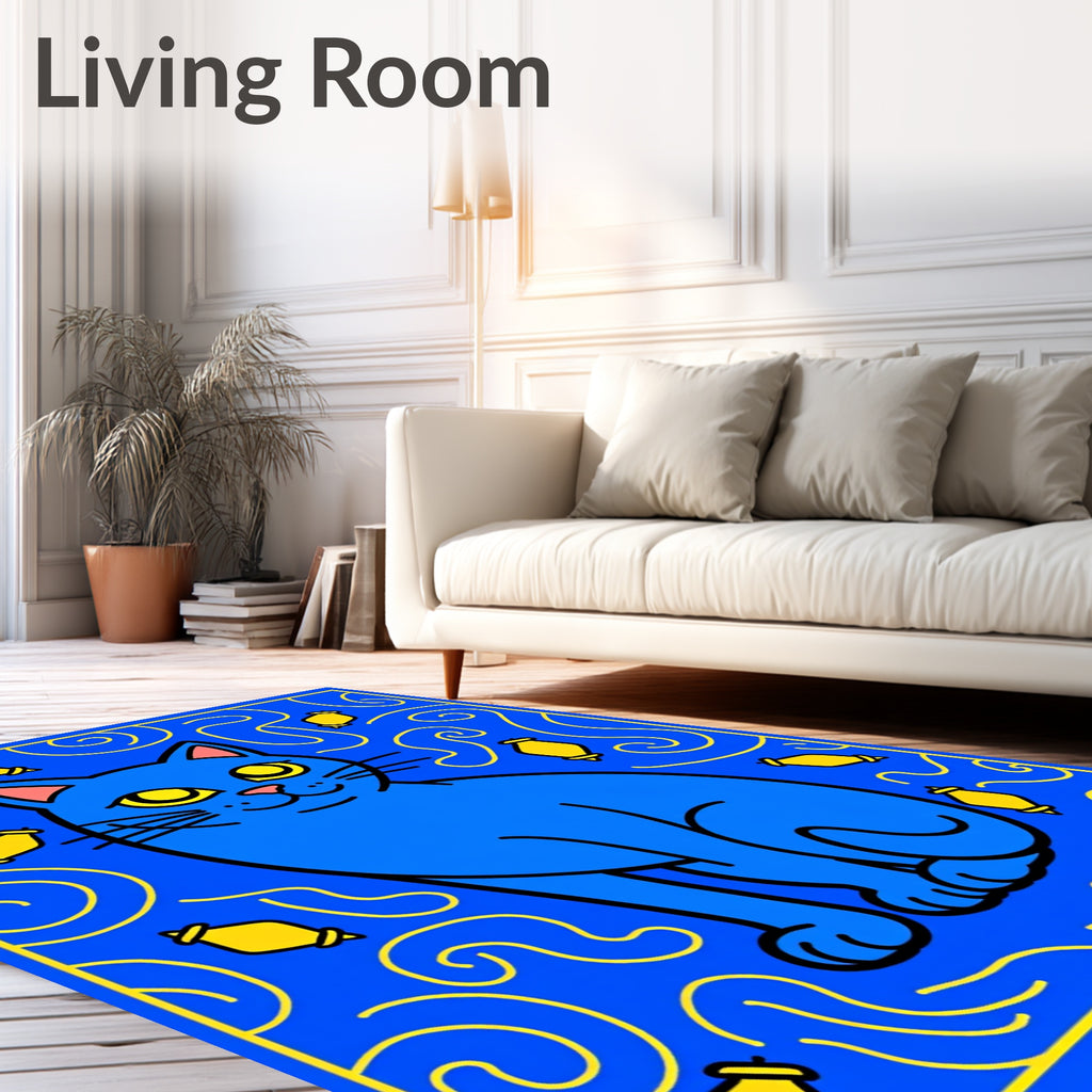 Whimsical Blue Cat Yellow Elements Rug
