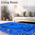 Whimsical Blue Cat Yellow Elements Rug