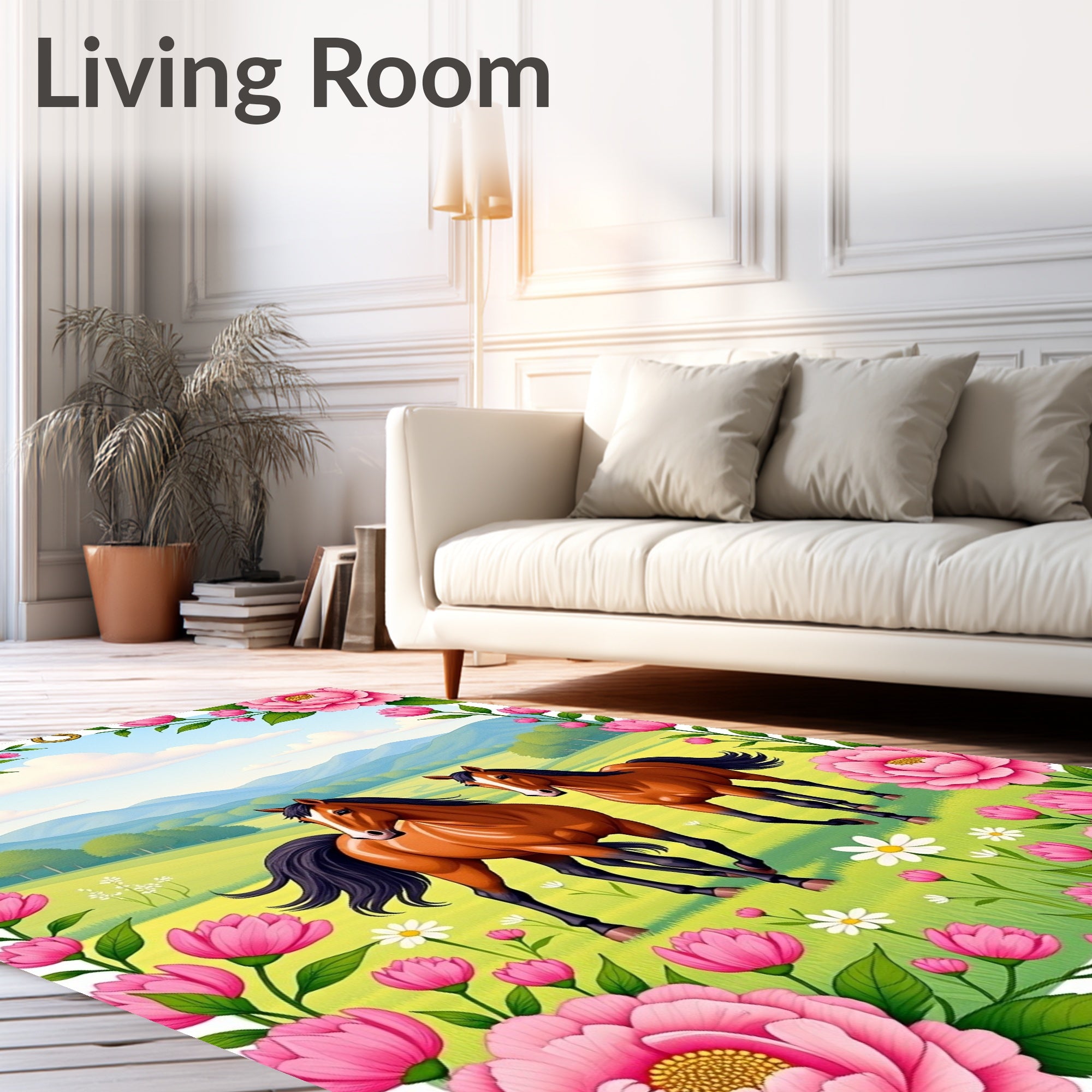 Majestic Horses Pink Floral Meadow Rug